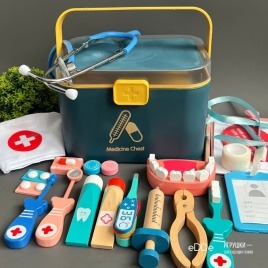 Развивающий деревянный игровой набор «Персональный Доктор» 25 предметов | Премиальный чемоданчик синий